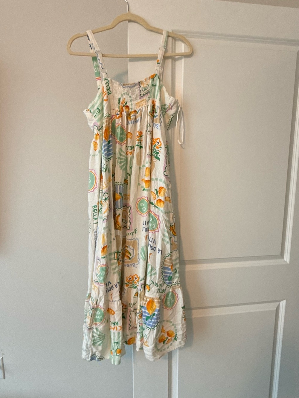 White Printed Maxi Dress with Pastel Citrus & Shell Motif - Picture 8 of 9